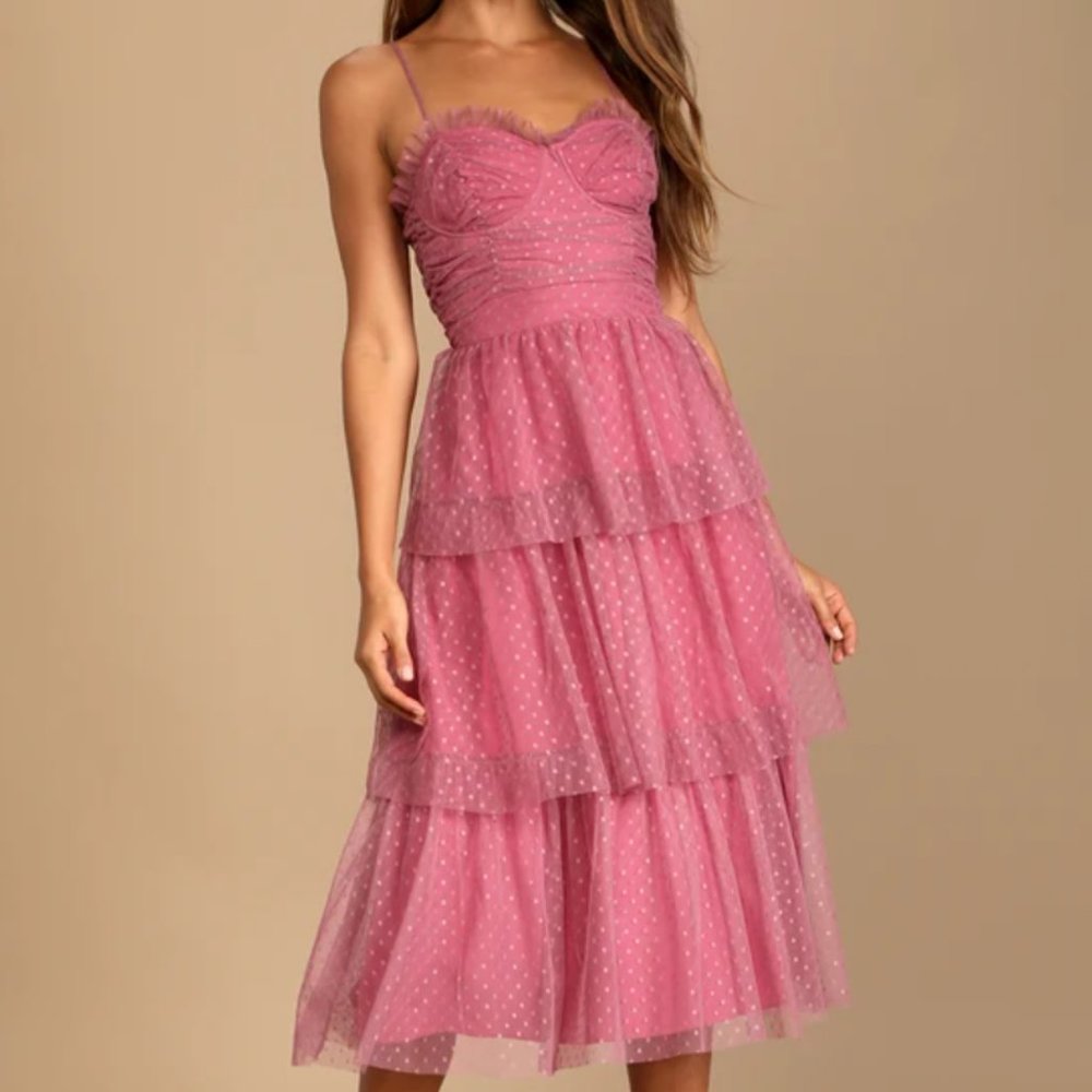 Sweetheart Style Mauve Polka Dot Bustier Tiered Midi Dress